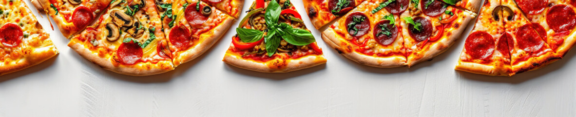 A border of different pizzas arranged in a line white isolated.