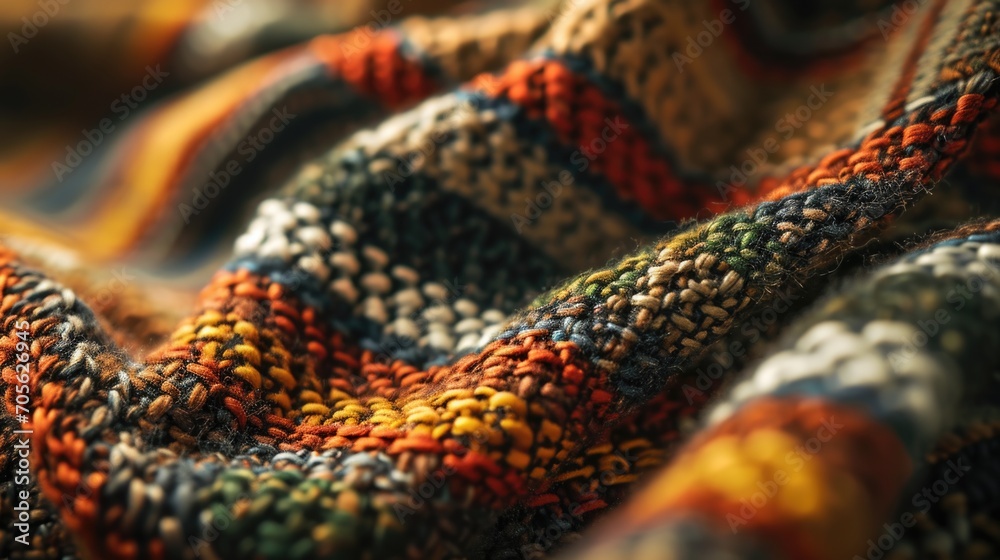 Poster a close-up view of a multicolored blanket on a bed. suitable for home decor or interior design proje