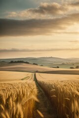 A beautiful golden wheat field against a background of blue sky and clouds on a sunny autumn day. Harvest, Agriculture, farming, small business concepts.