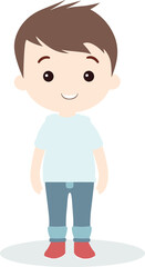A smiling cartoon boy stands happily in casual clothing, a vector illustration.