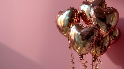 A heart-shaped balloons made of rose gold foil set against a soft pink backdrop, copy space, Generative AI.