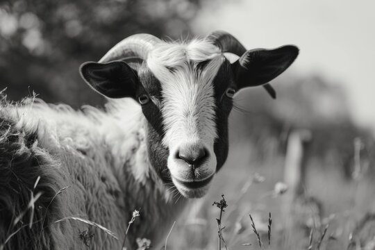 A black and white photo of a goat in a field. Suitable for nature and animal-themed projects