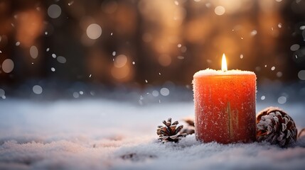 Advent candle on a blank space-filled, snowy background for Christmas Eve, Generative AI.