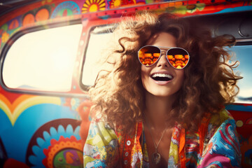 curly cheerful hippie girl in glasses sits in a car - obrazy, fototapety, plakaty