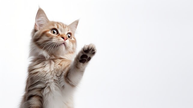 An adorable cat extending a high five on a white backdrop with empty space, Generative AI.