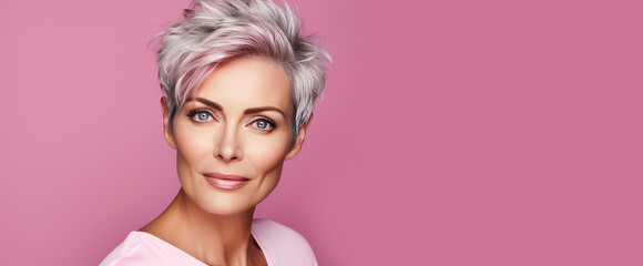 Elegant, smiling, elderly, chic, woman with gray hair and short haircut, on a pink background, banner.