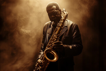 A soulful African American jazz musician playing the saxophone