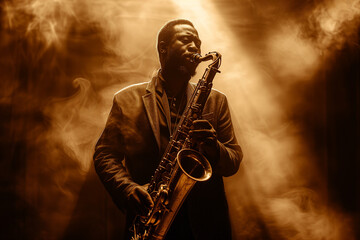 A soulful African American jazz musician playing the saxophone - obrazy, fototapety, plakaty