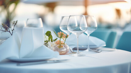 table setting in the restaurant interior light blue tones mediterranean style