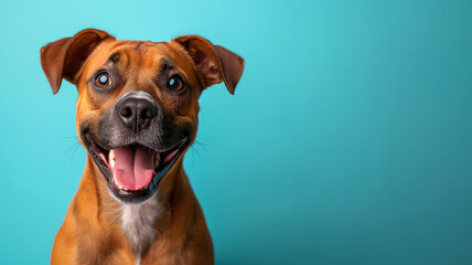 Happy dog on a blue background with empty space for text