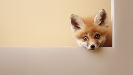 Obraz premium fox peeks out, on a smooth background in the studio
