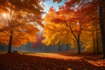 Imagine a picturesque autumn day with a burst of vibrant leaves gently descending from the branches, creating a mesmerizing play of colors. 

