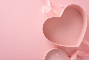 Valentine's elegance: Discover allure of love through top-view scene featuring empty heart-shaped...