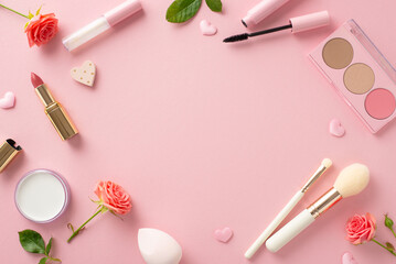Elegant Valentine's surprise: top view lip essentials - lipstick, lip gloss, brushes, eyeshadow palette, beauty blender, mascara, highlighter. Surrounded by roses, hearts on pastel pink, frame for ad