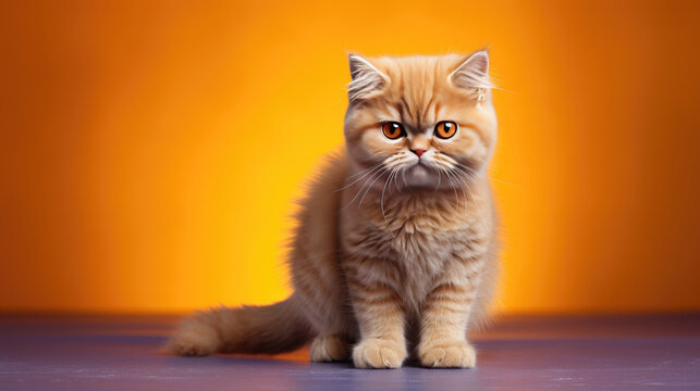 A gray cat with striking orange eyes sits on a clean orange surface, creating a captivating and mysterious image. Perfect for animal-themed designs, Halloween graphics, or pet-related content.