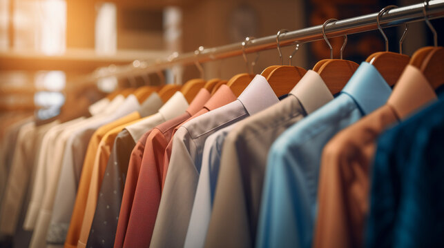 Rack with clean shirts near light wall, clothes on hangers in shop, Men Clothes hang on a rack in a clothing store close shot, Ai generated image 