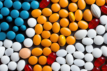 A close-up shot capturing a colorful assortment of pills arranged on a table. Suitable for medical, healthcare, pharmaceutical, addiction, or mental health related concept designs and presentations.