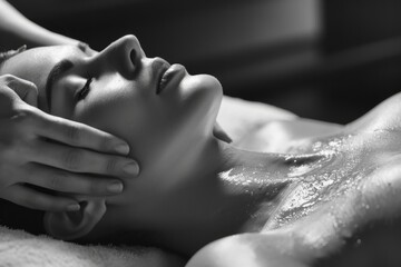 Woman enjoying a massage in a black and white photo. Suitable for spa, wellness, relaxation, and healthcare concepts
