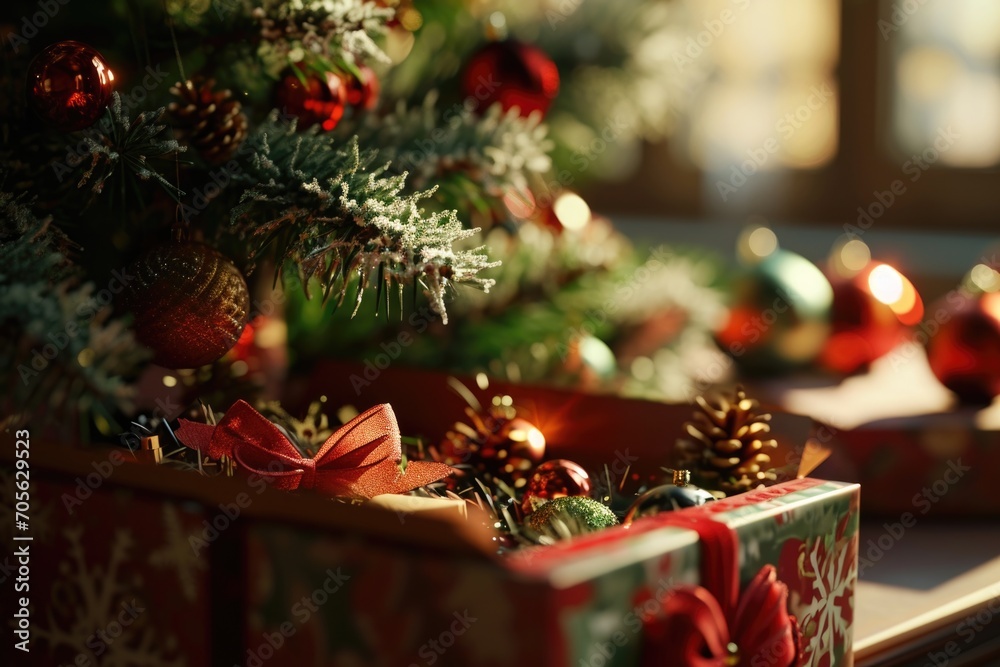 Poster A close-up view of a box adorned with beautiful ornaments. This image can be used to enhance holiday-themed designs or add an elegant touch to any project