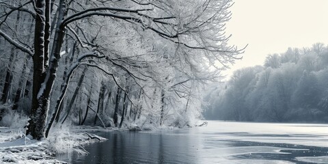 A serene winter landscape of a river surrounded by snow-covered trees. This image captures the beauty and tranquility of nature in the winter season.