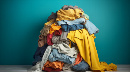 stack of soft cashmere scarves on a chair, Pile clothes on chair. Heap of used clothes for donation and recycling. Concept of minimalism, mess and wardrobe cleaning, Ai generated image
