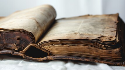 Open antique book with tattered pages on a white background - obrazy, fototapety, plakaty