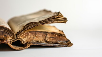 Ancient, tattered book opened on a white surface