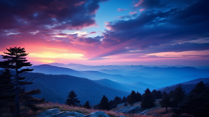 Obraz premium beautiful landscape view from the top of the mountain on the valley covered with forest. Pink sunset and magical blue clouds