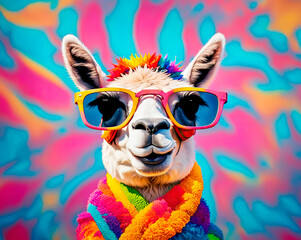 A creative collage of a portrait of a llama and a pineapple, bright rich colors, colorful background. Summer holiday concept, creative weekend