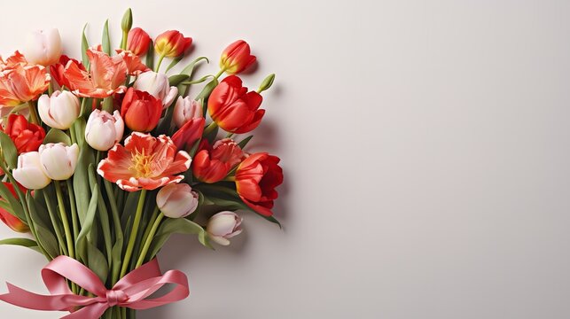 Bouquet of double peony tulips against a white backdrop featuring empty space, multicolor, Generative AI.