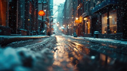 A picture of a city street covered in snow. Suitable for winter-themed designs and illustrations