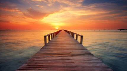 Fototapeta na wymiar Wooden floor with blur sea at sunset