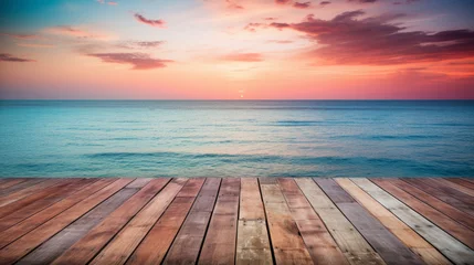 Foto op Plexiglas Wooden floor with blur sea at sunset © standret