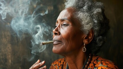 Senior black woman savoring a medicinal-blunt with wisdom and ease.