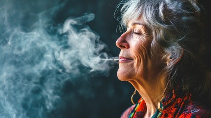 Mature lady finds peace while enjoying a medicinal-blunt. - obrazy, fototapety, plakaty