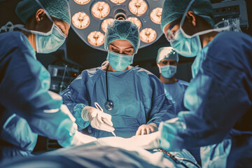 A team of surgeons performing a medical operation with precision in an operating room, equipped with surgical tools.