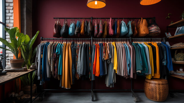 interior of a shop, Clothes hanging on hangers, Rack of clothes in a boutique, Ai generated image