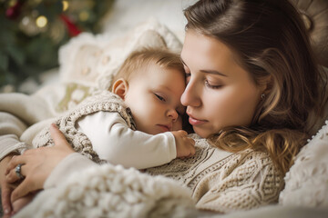 A tender moment between a mother and her baby, cuddled together in a warm, loving embrace at home. - obrazy, fototapety, plakaty