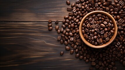 Coffee beans in a wooden bowl on a wooden surface, surrounded by empty space, Generative AI.