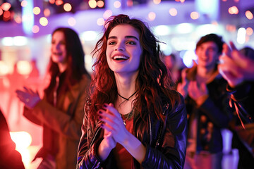 A young woman smiling radiantly as she enjoys a live concert surrounded by friends and the energy of a vibrant crowd.