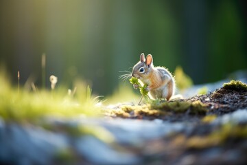 sunlight on chipmunk as it carries pine cone to burrow