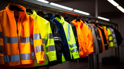 High visibility safety coats and jackets, personal protective equipments, for sale outside, fluorescent colors. Selective blur on high visibility safety coats and jackets, personal protective, Ai