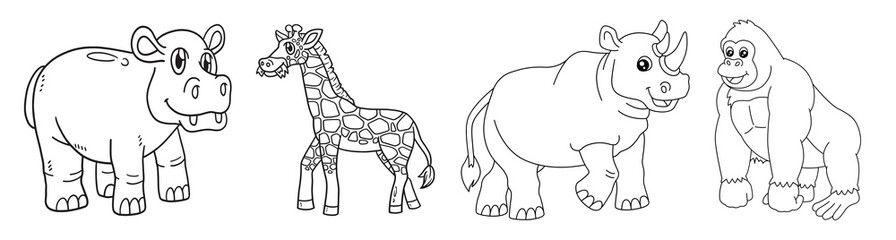 Safari animals friendly cartoon characters collection from Africa. giraffe, elephant, rhino and hippoo friends. Black outline coloring book vector illustrations