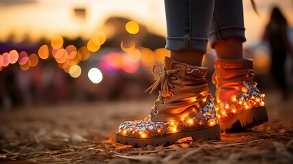 Dancers at a festival, their feet in their shoes as they move to the orange sunset, Generative AI. - obrazy, fototapety, plakaty