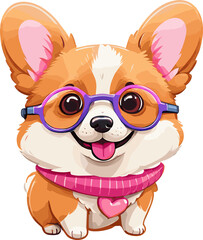 Fototapeta premium Adorable Corgi Puppy in glasses and scarf illustration on transparent background png, cartoon clipart for nursery, children's book, party, kid-friendly character, baby shower, dog lover, whimsical