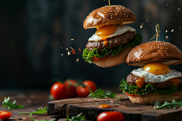 Burger levitation on a black background. Burger with flying elements. Delicious burger with flying ingredients isolated on black background. Flying Burger Slices. Flying burger ingredients above grill - obrazy, fototapety, plakaty