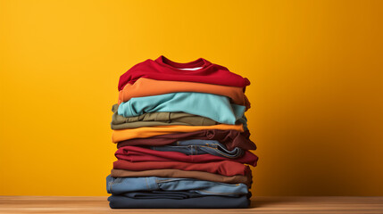 pile of colorful clothes, Stack colorful cotton clothes on table empty space background, Stack of clothes empty copy space , Ai generated image