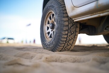 close-up of rally tires on sandy surface