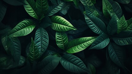 Dark green backdrop with tropical leaf leaves and abstract green leaf texture, Generative AI.