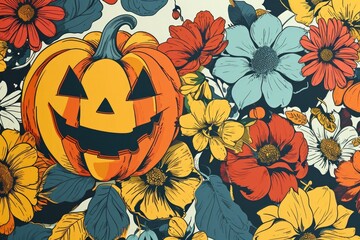 Fototapeta premium A Halloween pumpkin sits atop a colorful bed of flowers. This image can be used to add a festive touch to Halloween-themed designs or as a vibrant element in fall-themed projects